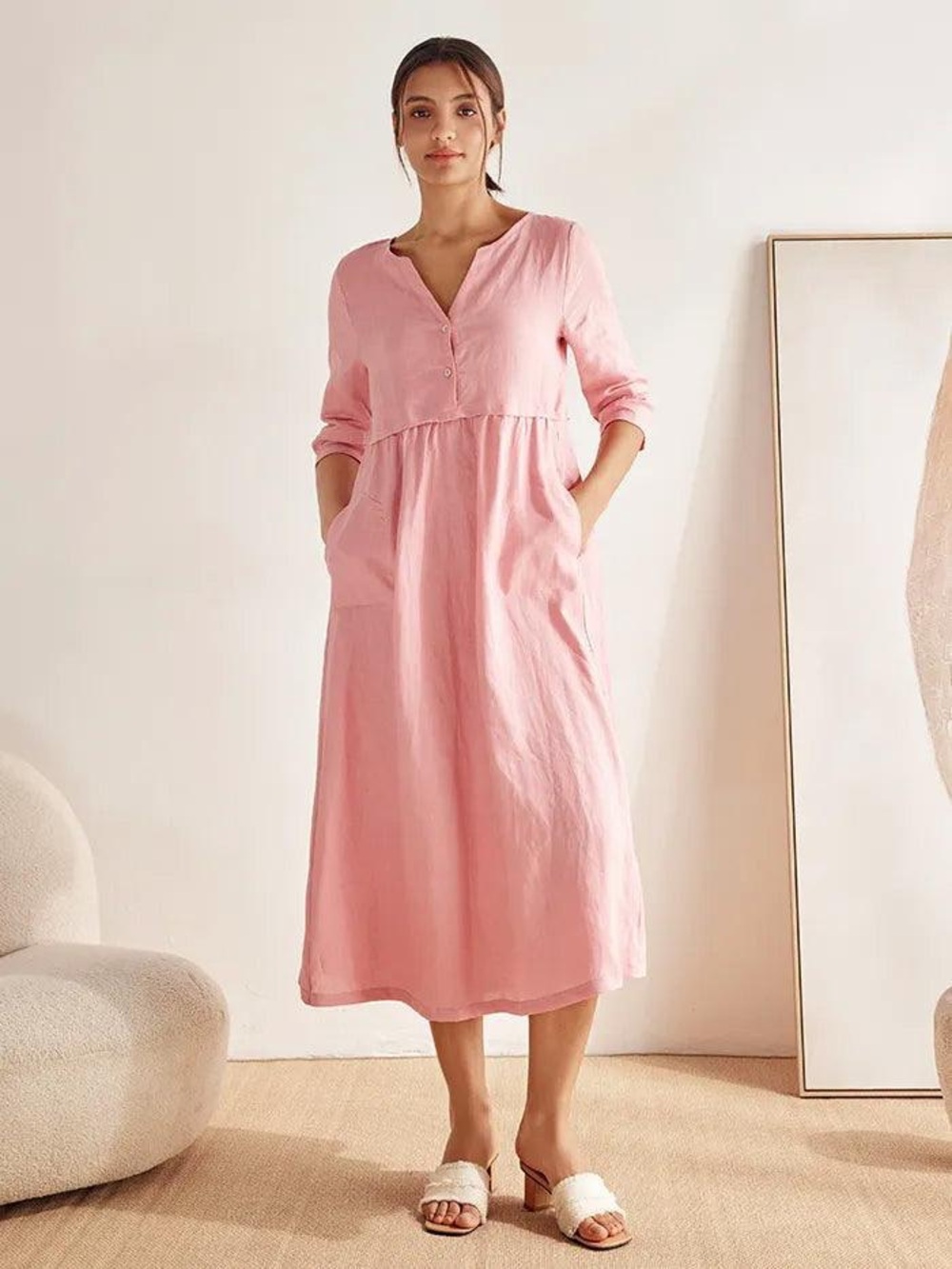 Lintico 100% Linen Lagenlook Light Pink Button Midi Dress, Size Large